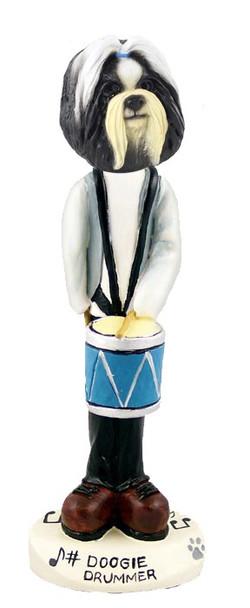 Black & White Shih Tzu Drummer Doogie Collectible Dog Figurine