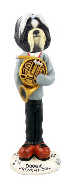 Black & White Shih Tzu French Horn Doogie Collectible Dog Figurine