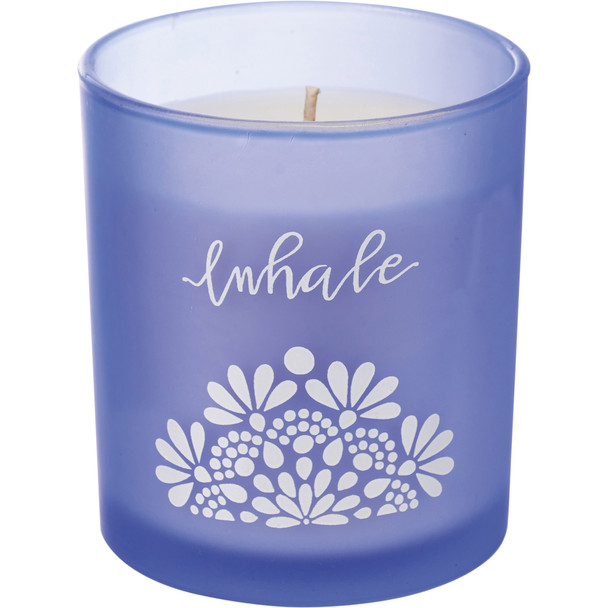 Periwinkle Frosted Glass Jar Candle - Inhale - Mandala Design - Lavender Scent 8 Oz from Primitives by Kathy