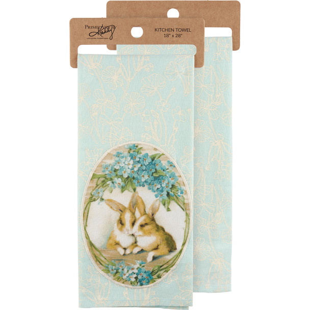 Spring Themed Cotton Kitchen Dish Towel - Blue Bunny Rabbit With Floral Print 18x28 from Primitives by Kathy