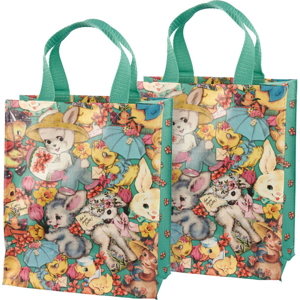 Double Sided Reusable Daily Shopping Tote Bag - Vintage Easter Bunnies Design from Primitives by Kathy