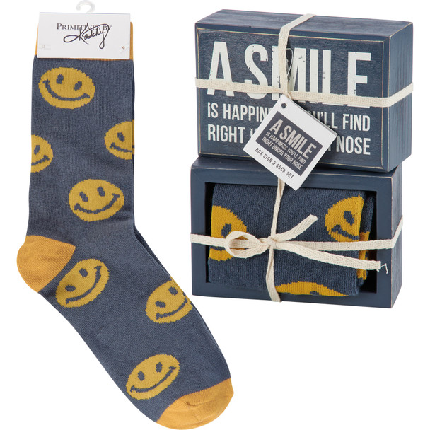 Gift Set - Decorative Wooden Box Sign & Colorfully Printed Socks - Smile Is Happiness Under Your Nose from Primitives by Kathy