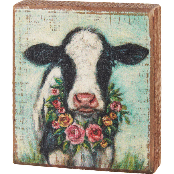 Decorative Wooden Block Sign Decor - Farmhouse Dairy Cow With Floral Necklace 4 Inch from Primitives by Kathy