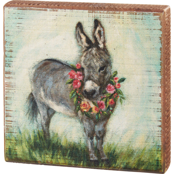 Spring Donkey & Floral Wreath Decorative Wooden Block Sign Decor 5x5 from Primitives by Kathy