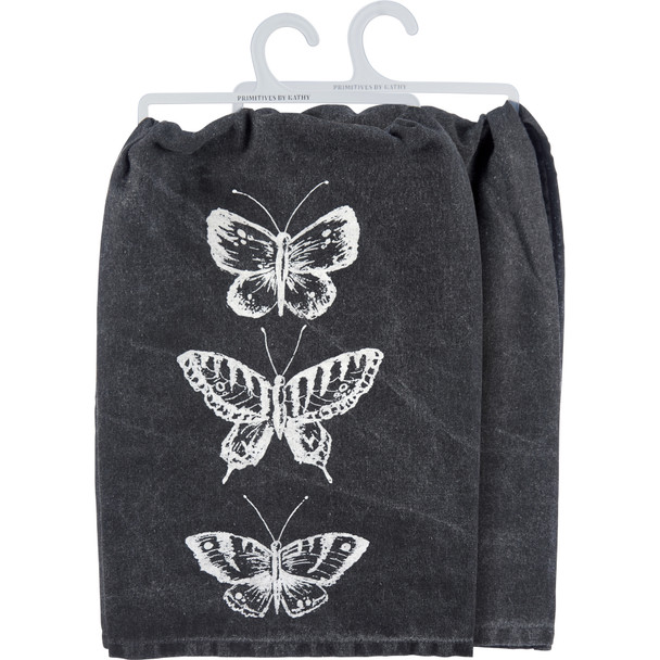 Black Stonewashed Cotton Kitchen Dish Towel - Chalk Art Butterflies Design 28x28 from Primitives by Kathy