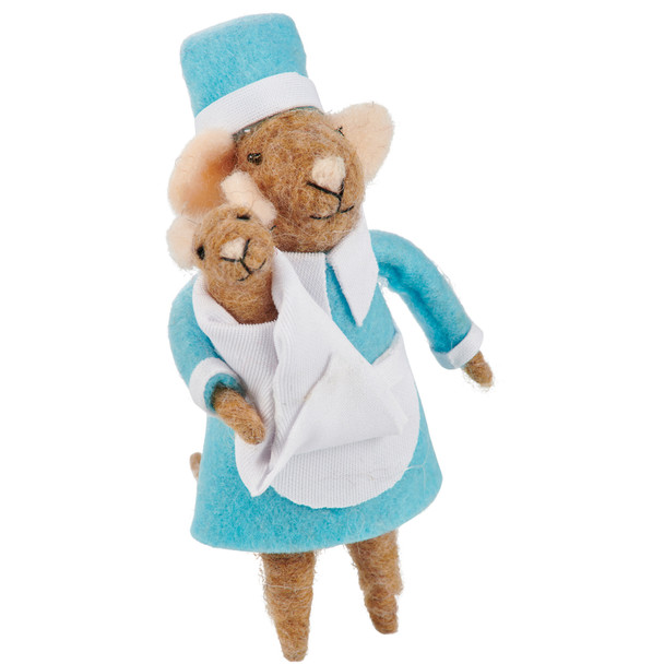 Felt Nurse Mouse And Baby Figurine 5 Inch - Blue & White from Primitives by Kathy