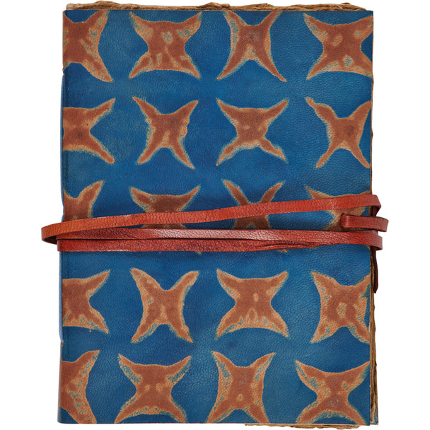 Leather Cover Journal Notebook - Brown Star Print On Blue Background (192 Unlined Pages) from Primitives by Kathy