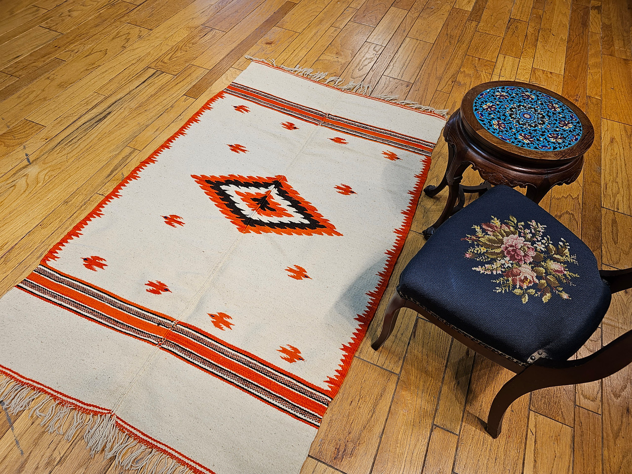 Vintage Serape Saltillo Kilim Rug, Handwoven Wool, Mid-20th