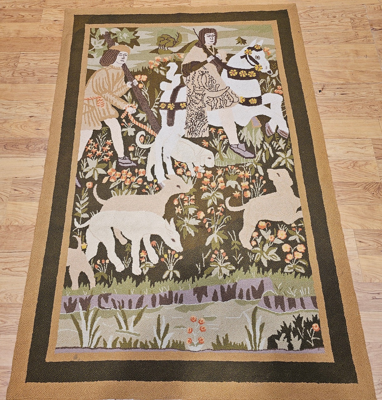 ●Hooked Rug●108cm×76cm　壁掛けラグ　ヴィンテージ　絨毯 Vintage American Hooked Tapestry 4x6 | Forest Scene
