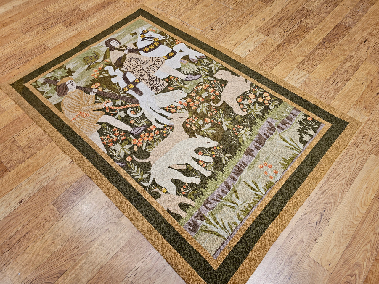 Vintage American Hooked Tapestry 4x6 | Forest Scene