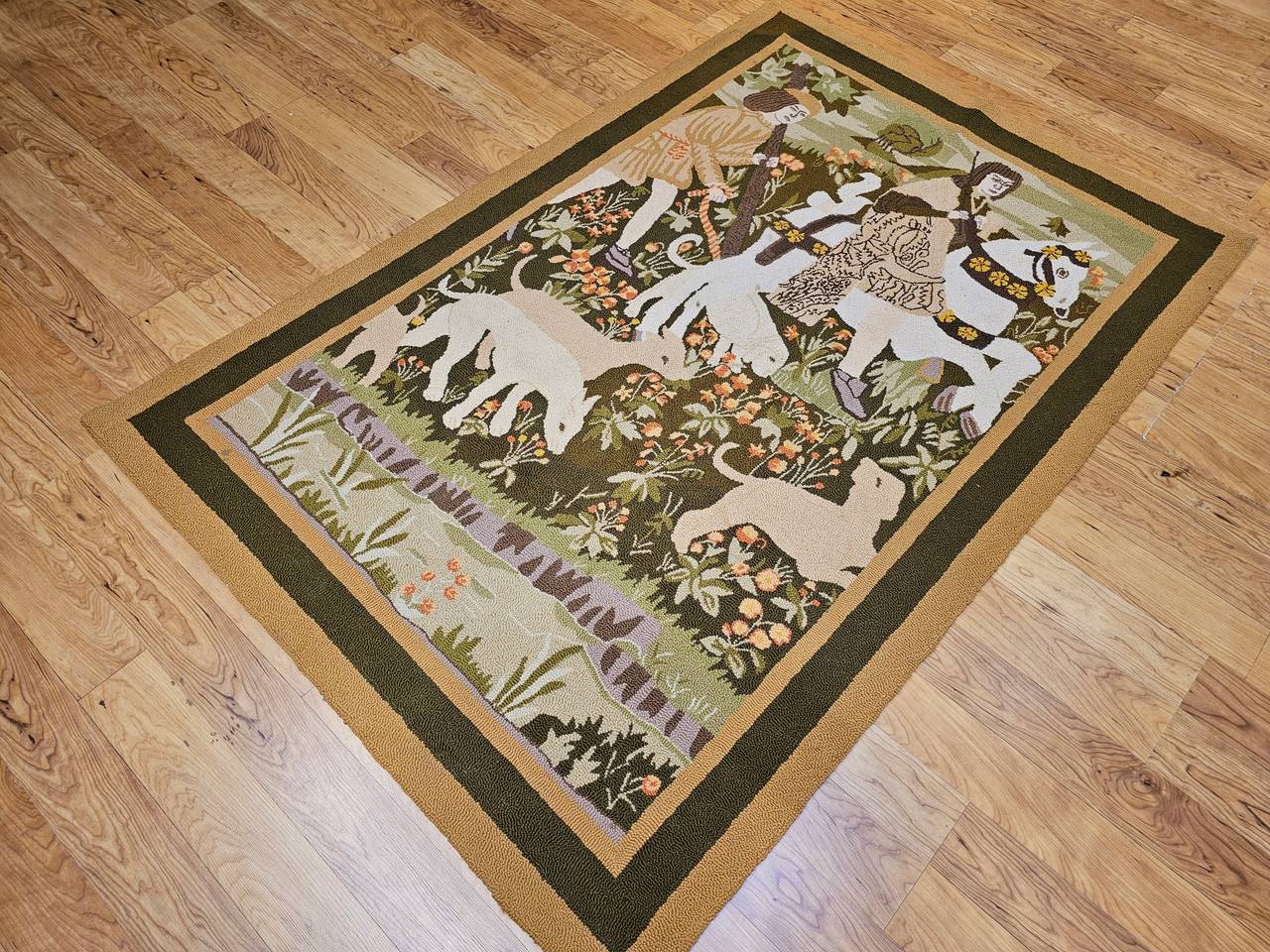 Vintage American Hooked Tapestry 4x6 | Forest Scene