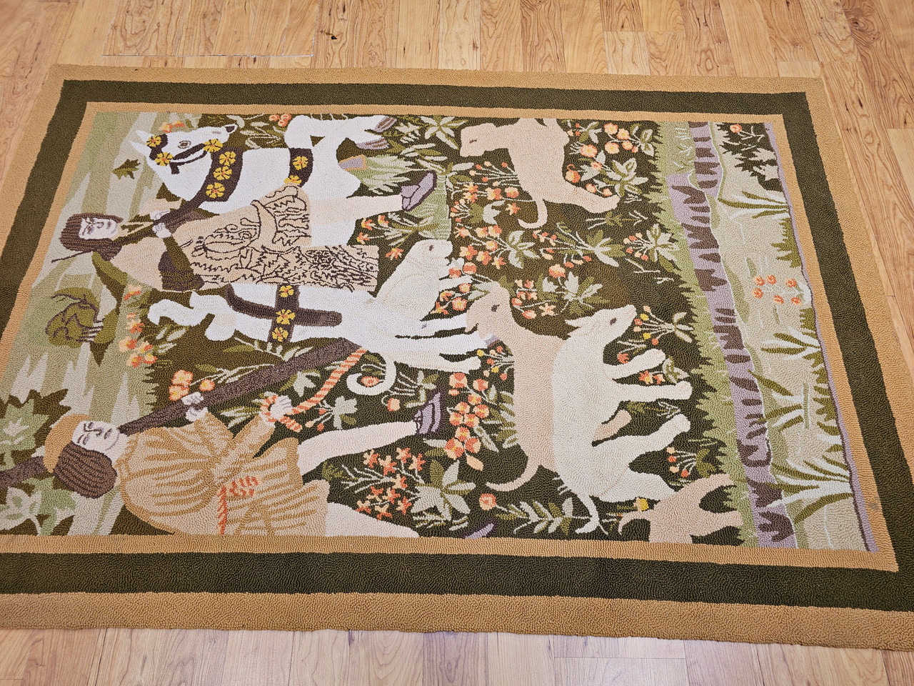 Vintage American Hooked Tapestry 4x6 | Forest Scene