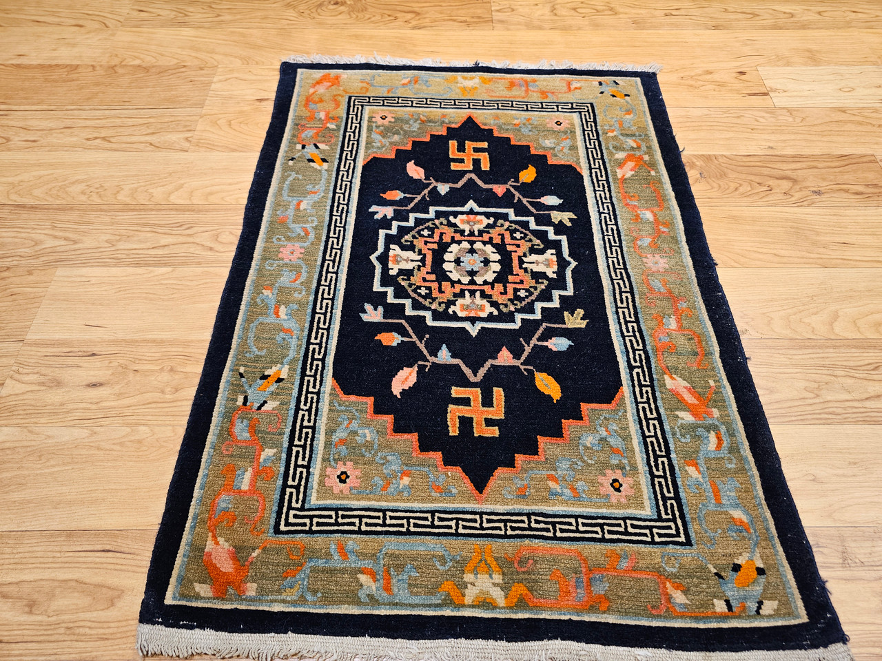 Vintage Tibetan Medallion Rug, Wool on Cotton, Black & Green
