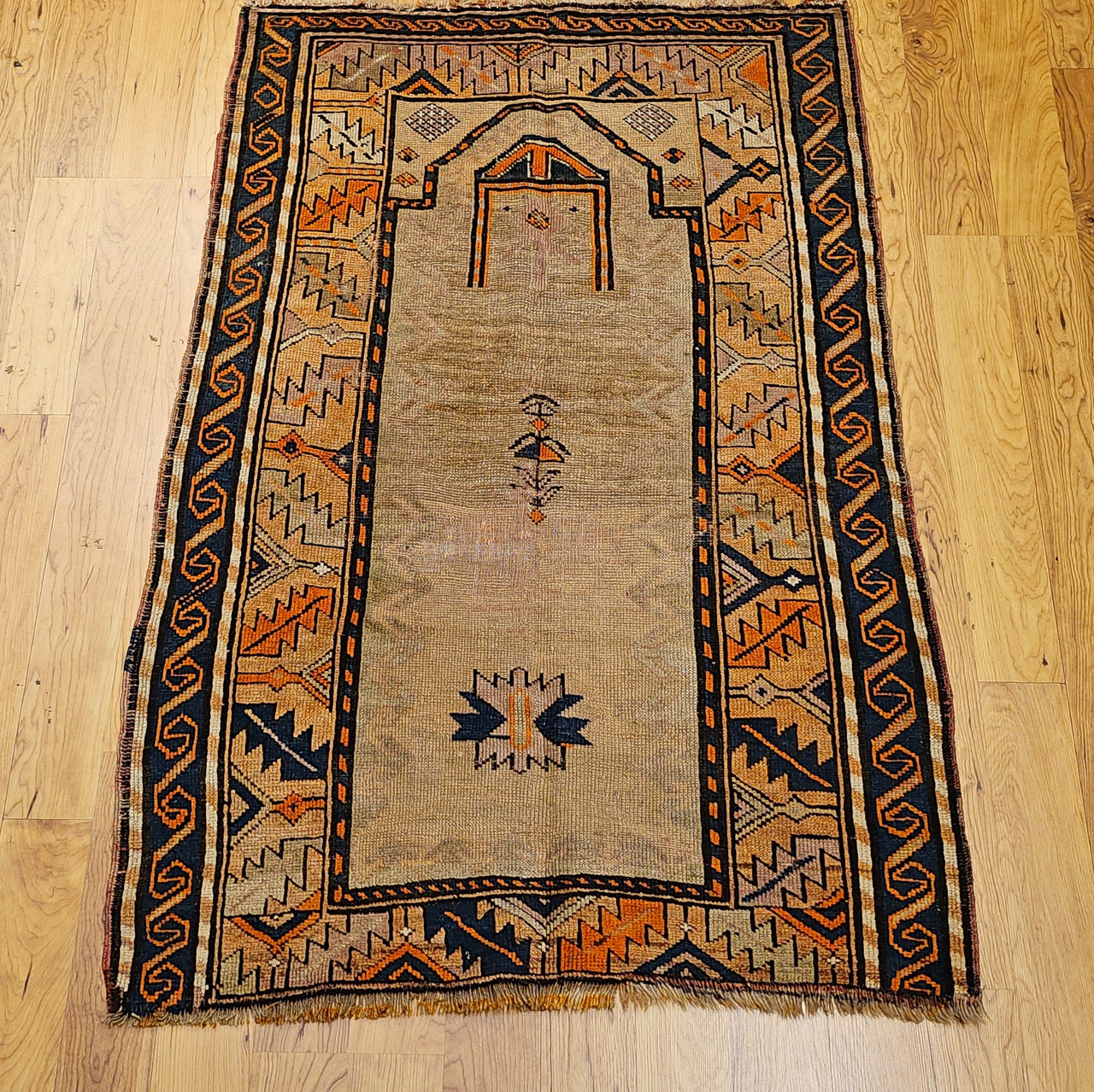 Antique Kurdish Camelhair Prayer Rug | Pistachio Border