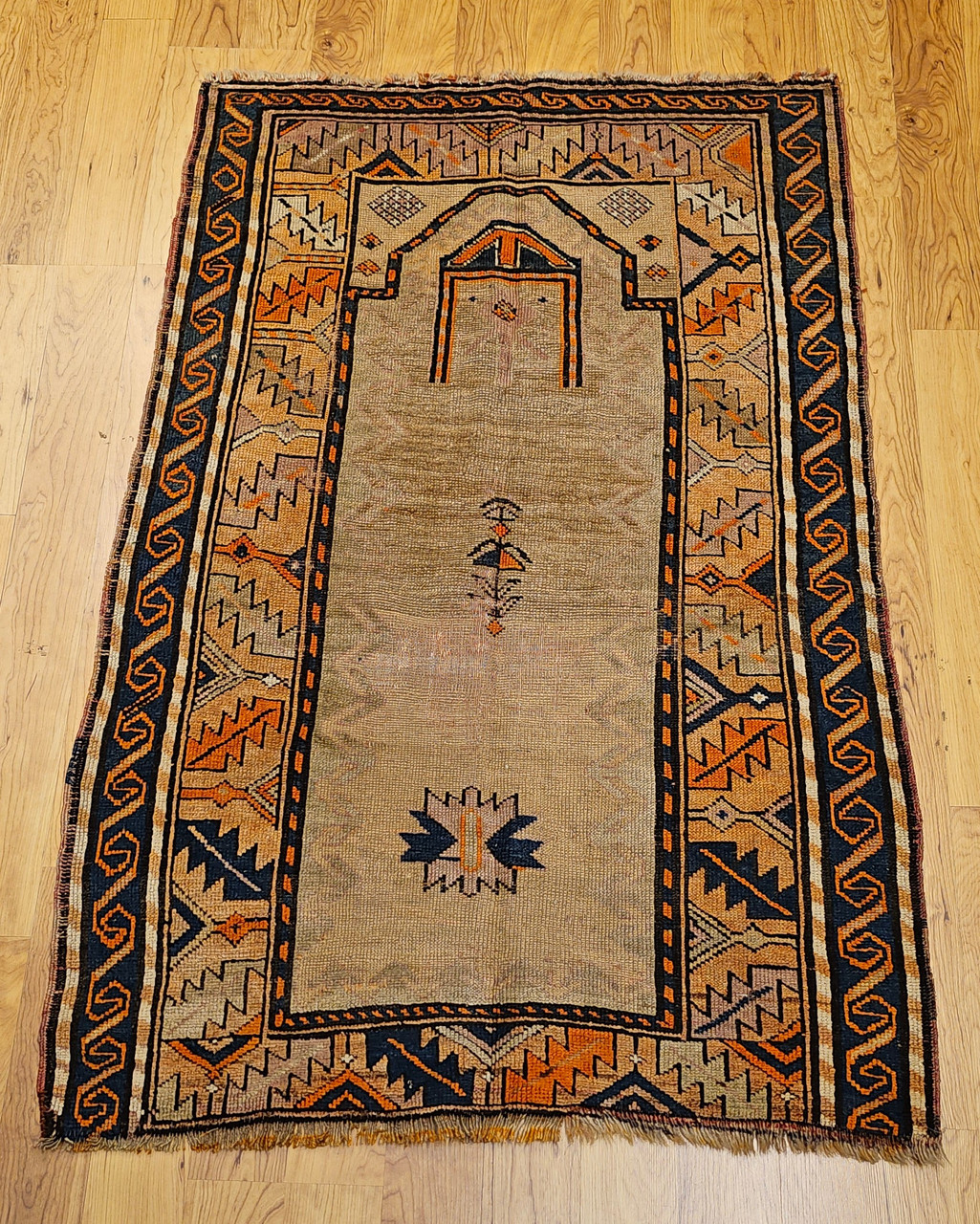 Antique Kurdish Camelhair Prayer Rug | Pistachio Border