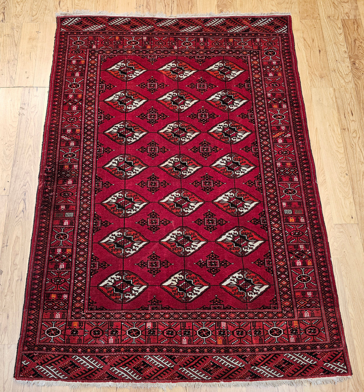 Antique Turkmen Rug 2x3 | Gul Pattern, Deep Red