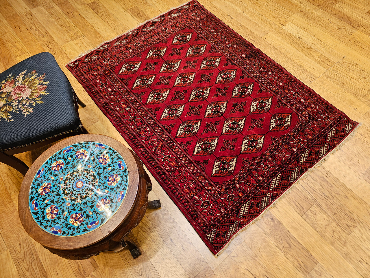 Antique Turkmen Rug 2x3 | Gul Pattern, Deep Red