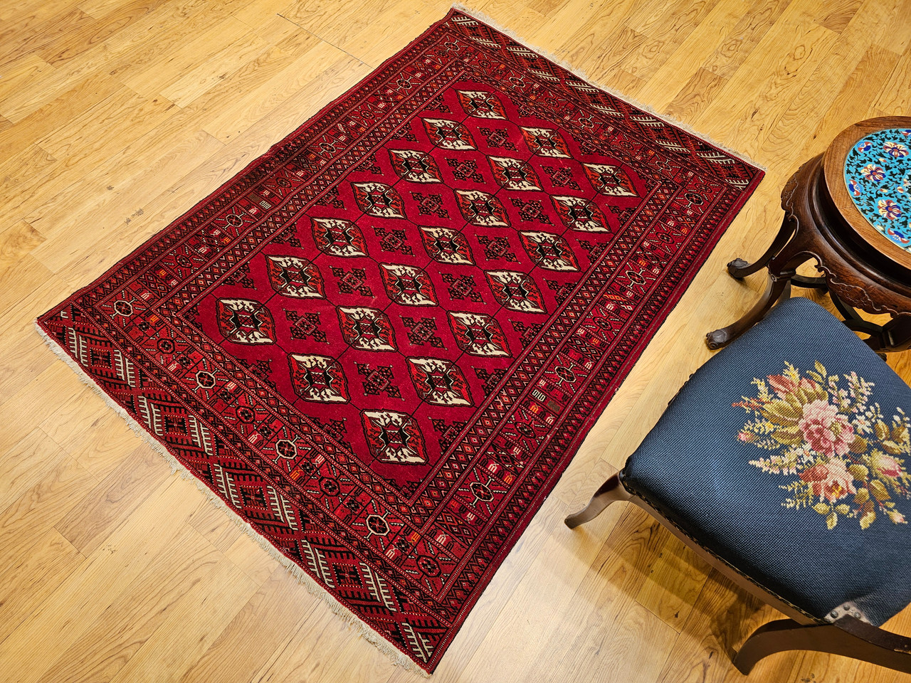 Antique Turkmen Rug 2x3 | Gul Pattern, Deep Red