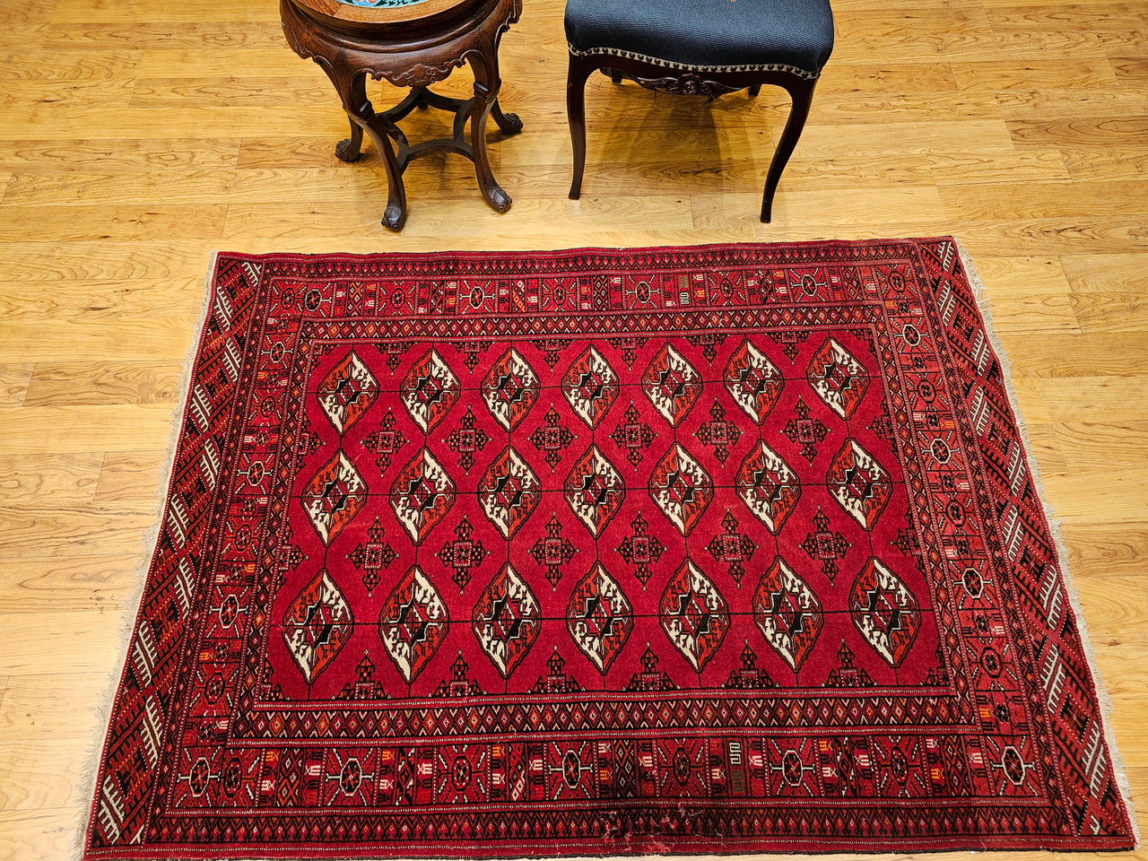 Antique Turkmen Rug 2x3 | Gul Pattern, Deep Red
