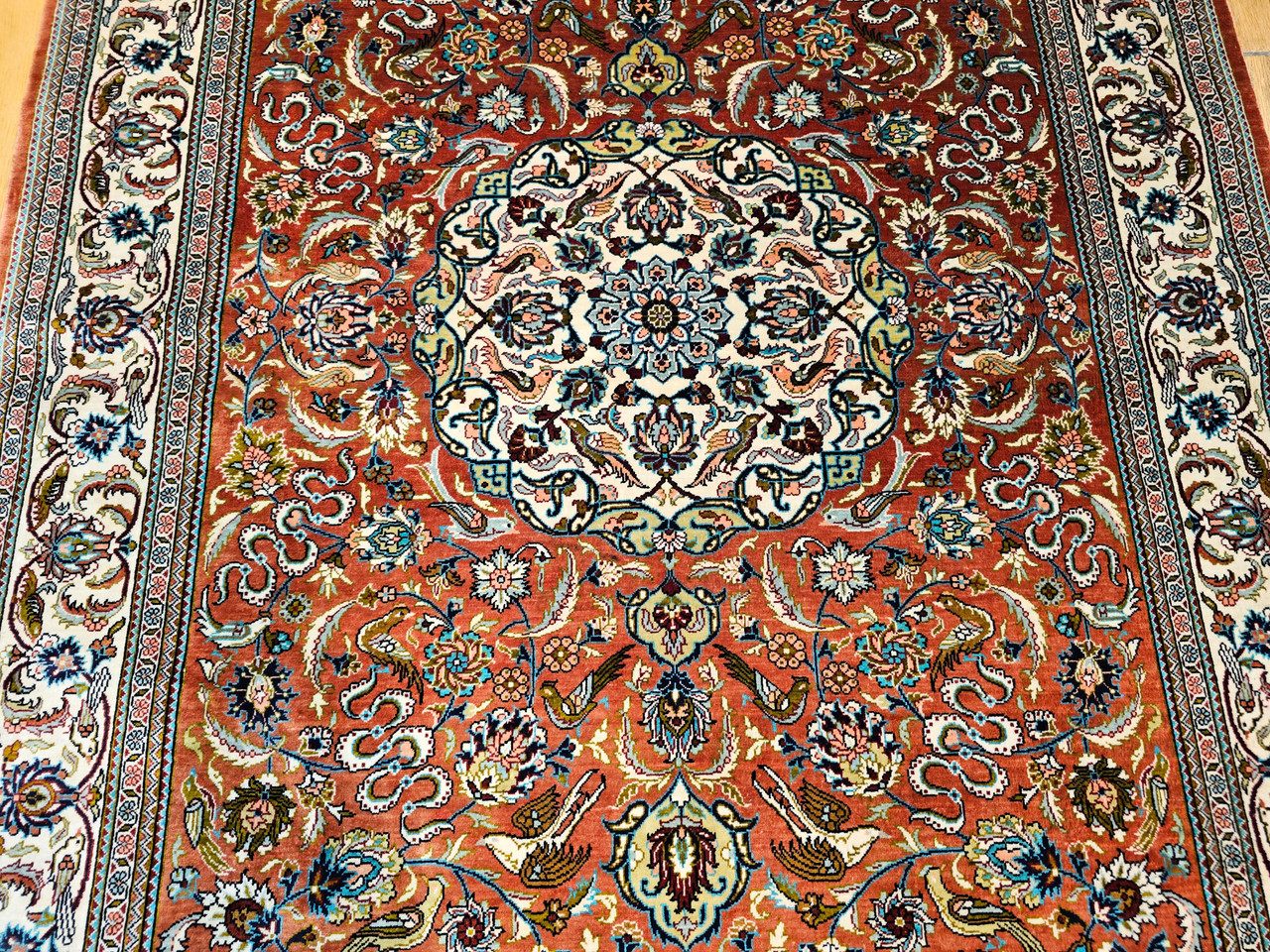 Vintage Turkish Hereke Silk Rug, Hand-Knotted Garden Design