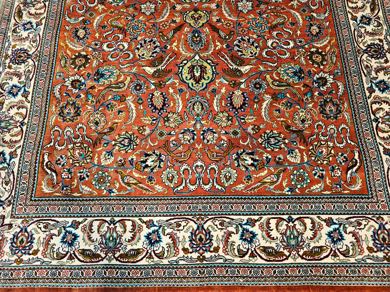 Vintage Turkish Hereke Silk Rug, Hand-Knotted Garden Design