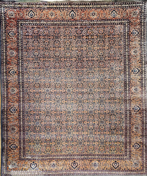 Vintage Persian Mahal Sultanabad in Allover Geometric Pattern in Sage Green, Apricot, and Ivory Colors 1875, The Persian Knot, SKU 1875