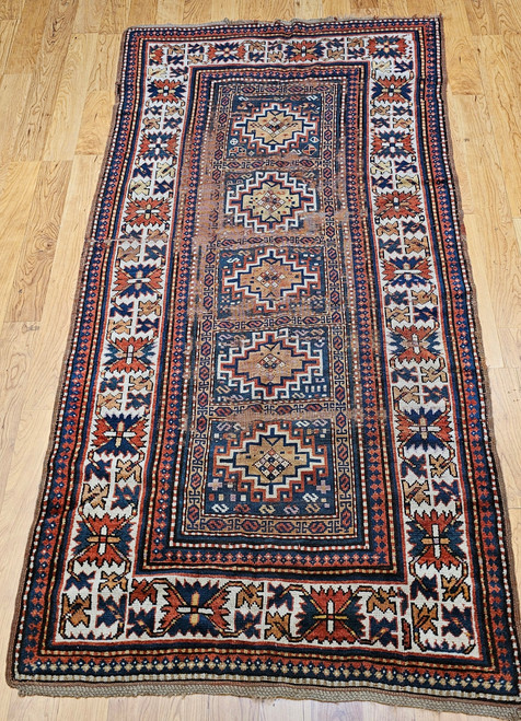 19th Century Caucasian Kazak area rug in French blue with geometric pattern and Memling Gul medallions, The Persian Knot, SKU 1883