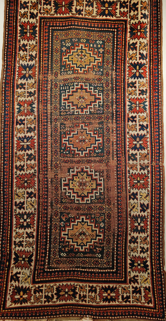 Antique Caucasian Kazak 4x7 | Memling Gul | Full View on Floor