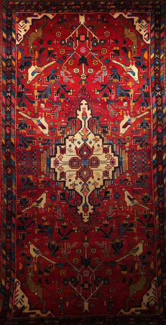 Vintage Persian Hamadan Gallery Rug with Animal Designs in Bright Red Color 
1901, 5’ 7” x 10’ 4”, 3rd Quarter of the 1900s, The Persian Knot, SKU 1901