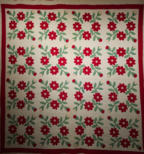 19th Century Hand Stitched American Applique Quilt in Floral Pattern from Pennsylvania 1905, 71” x 72”, 4th Quarter of the 1800s, Pennsylvania