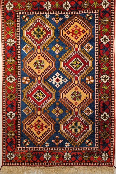 Vintage Persian Shiraz Yalameh Tribal Area Rug in Allover Geometric Pattern in French Blue, Red, Yellow 1907, The Persian Knot, SKU 1907