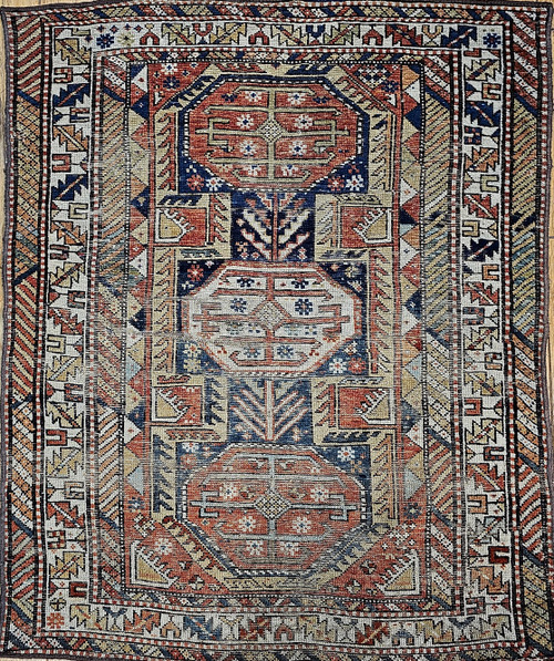 19th Century Caucasian Shirvan Area Rug in Medallion Pattern in Navy Blue, Ivory, French Blue, and Yellow 1916. The Persian Knot, SKU 1916