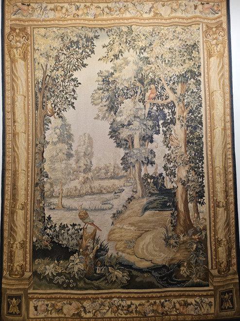 Vintage Hand-Woven French Aubusson Tapestry of a Forest Scene with Birds in Trees, The Persian Knot, SKU 1975