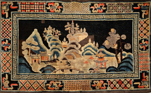 Early 1900s Art Deco Chinese Rug with A Pictorial Design of Forest, Mountains and Pagodas, The Persian Knot, SKU 1934