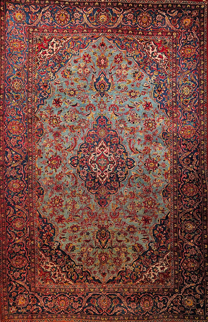 Early 20th Century Vintage Persian Kashan area rug. Hand-woven. Floral design. Rare turquoise color background. French blue, ivory, and red accent colors. Small central medallion in navy blue and ivory. French blue or navy blue border.