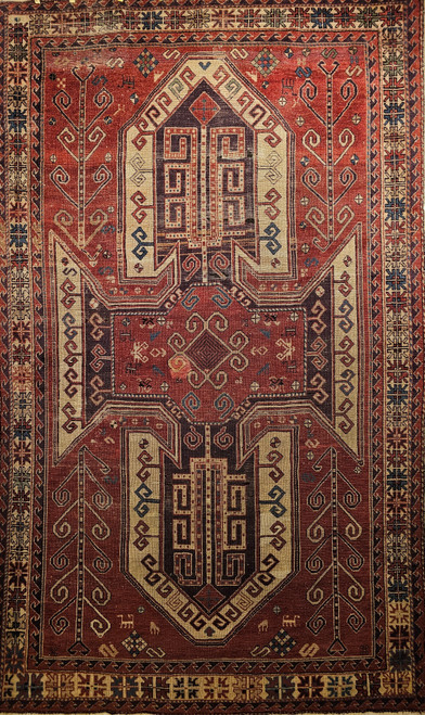 Early 20th Century Caucasian Kazak in Sevan Pattern in Rust Red, Ivory, Purple, The Persian Knot, SKU 1943