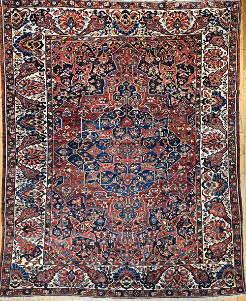 Oversize Vintage Persian Bakhtiari in Geometric Pattern in Burgundy, Ivory, French Blue, Yellow, The Persian Knot, SKU 1968