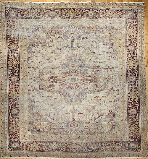 19th century oversized Indian Agra in a large medallion pattern with soft colors of pale purple, gray, burgundy, and pale yellow/gold, The Persian Knot, SKU 1929