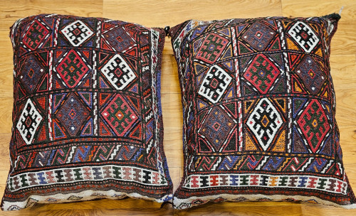 Pair of Kurdish Saddlebag Pillows in Red, Green, Ivory, Purple, Cornmeal,  @thepersianknot  , SKU 2055