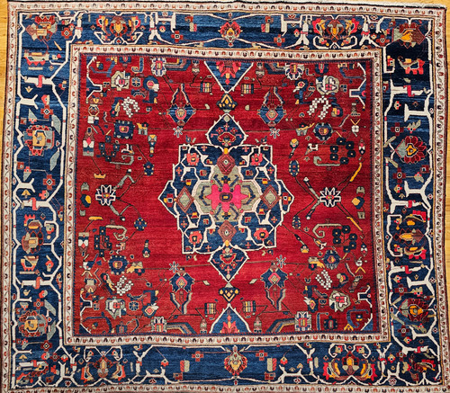 Mid 20th Century Vintage Persian Malayer room size square rug. Hand-knotted. Brilliant red field. Abrash French blue central medallion and border. Open large pattern. Bright accent colors: green, magenta, yellow, navy, pink, ivory, brown. Made with natural vegetable dyes.