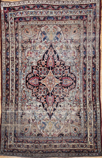 19th Century Persian Kerman Lavar in Floral Pattern in Ivory, Red, Pale Yellow, Navy, Blue, The Persian Knot, SKU 2001