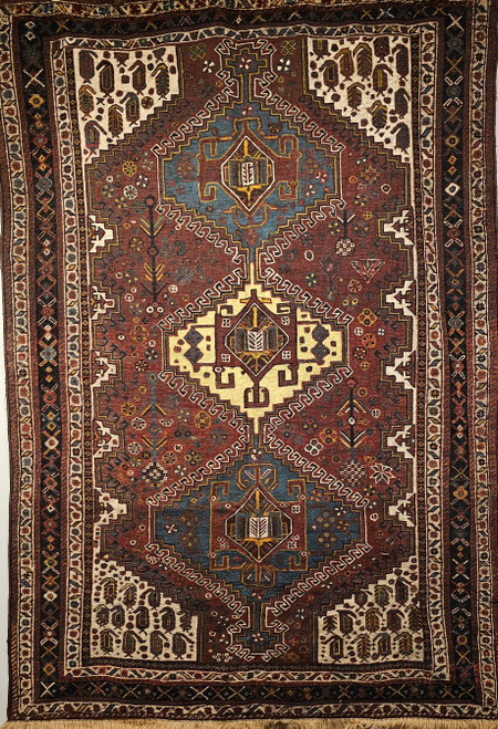 Vintage Persian Qashqai Tribal Area Rug in Rust, Ivory, Royal Blue, Yellow, @thepersianknot , SKU 2029