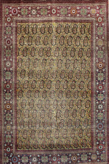 Vintage Persian Tabriz in Allover Paisley Pattern in Pale Green, Yellow, Gray, Red, The Persian Knot, SKU 2027