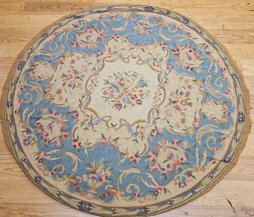 Vintage Round Needlepoint Rug | Floral Ivory Blue Border
