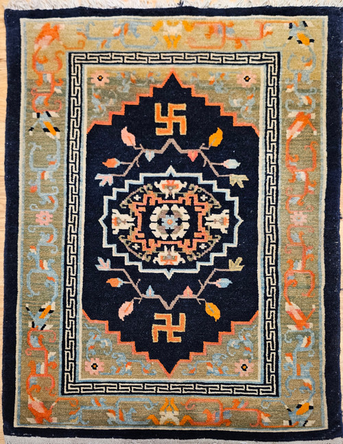 Early 1900s Tibetan Medallion Area Rug with Buddhist Symbols, The Persian Knot Gallery, SKU 2085