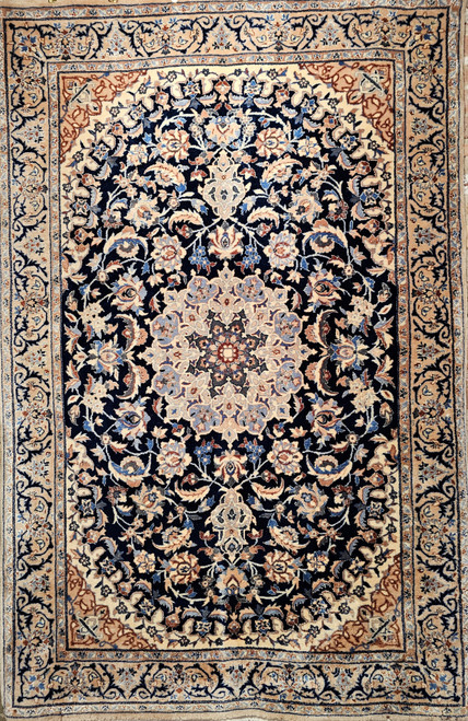 Vintage Persian Nain Area Rug in Dark Navy, French Blue, Ivory, Caramel.  @thepersianknot  , SKU 2100