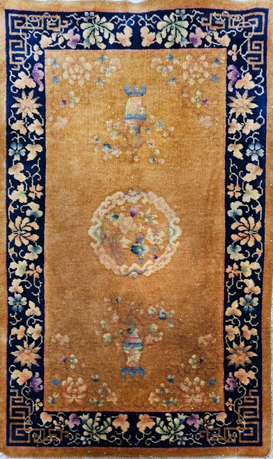 Antique Chinese Art Deco Rug 3x5 | Caramel Vase