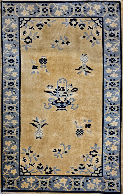 Vintage Chinese Art Deco Rug 4x6 | Vase Tan Field