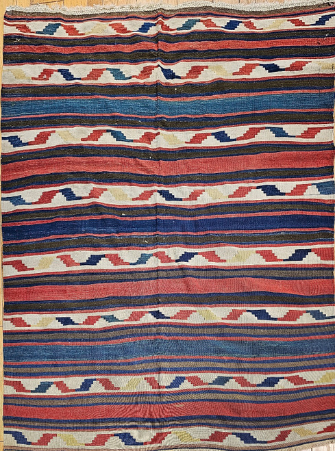 Vintage Caucasian Kilim in Stripe Geometric Pattern in Blue, Brown, Ivory, Yellow, The Persian Knot, SKU 1525 Vintage Caucasian Kilim in Stripe Geometric Pattern in Blue, Brown, Ivory, Yellow, The Persian Knot, SKU 1525