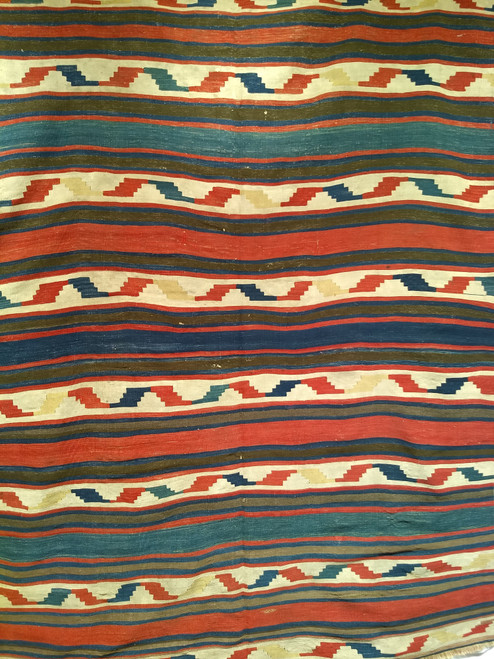 Vintage Caucasian Kilim in Stripe Geometric Pattern in Blue, Brown, Ivory, Yellow, The Persian Knot, SKU 1525